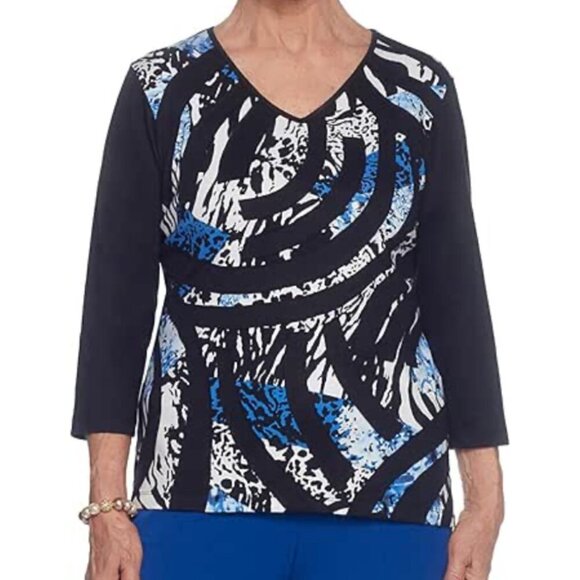 ALFRED DUNNER Black White Blue Cheetah Leopard Animal 3D Stripe 3/4 Sleeve Top L - Picture 1 of 12